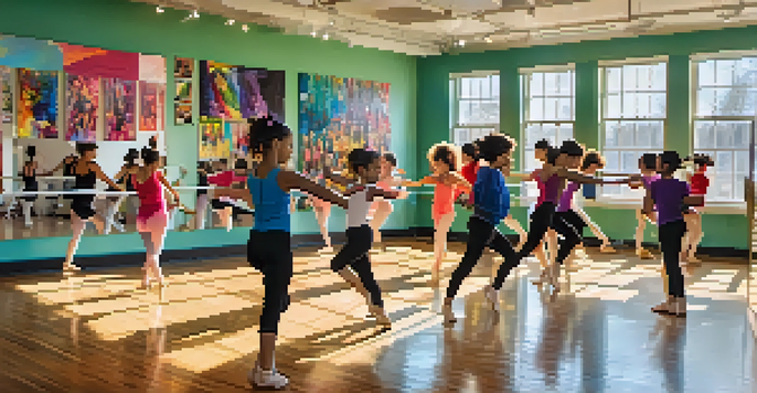 A dance studio with diverse dancers practicing in a bright and colorful environment.