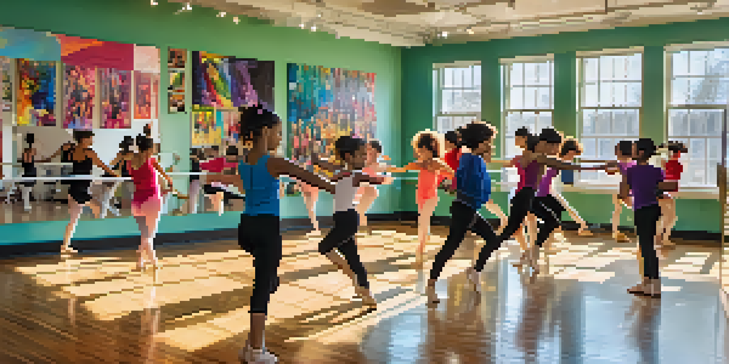 A dance studio with diverse dancers practicing in a bright and colorful environment.