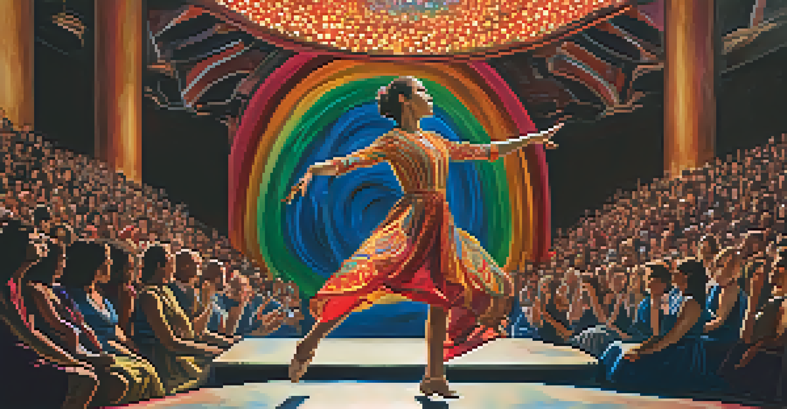 A dancer performing at the center of an audience in an intimate theater, with audience members visibly engaged and reacting to the performance.