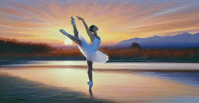 A ballet dancer in a white tutu jumping gracefully against a sunset backdrop, with soft hills and colorful clouds in the background.