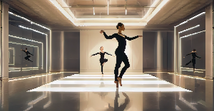 A dancer in a motion capture suit performing a pirouette in a dance studio with mirrors and a screen showing performance metrics.