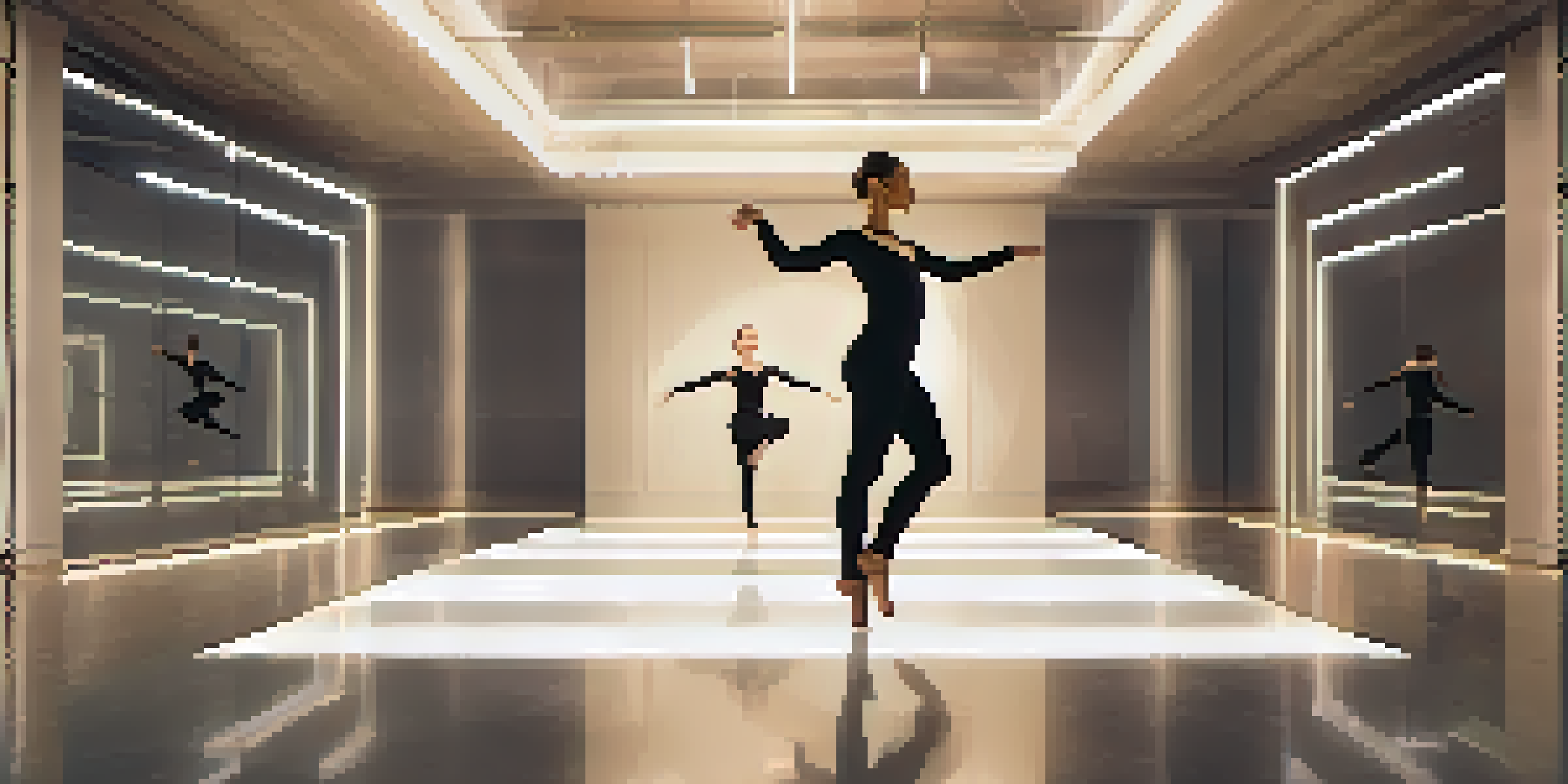 A dancer in a motion capture suit performing a pirouette in a dance studio with mirrors and a screen showing performance metrics.
