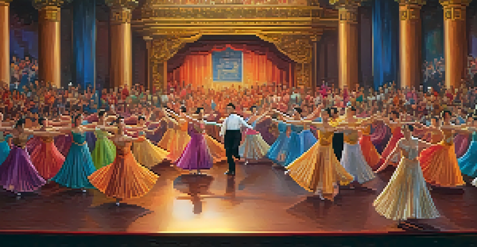 A lively dance performance in a theater, with dancers in colorful costumes and warm stage lighting, captivating the audience.