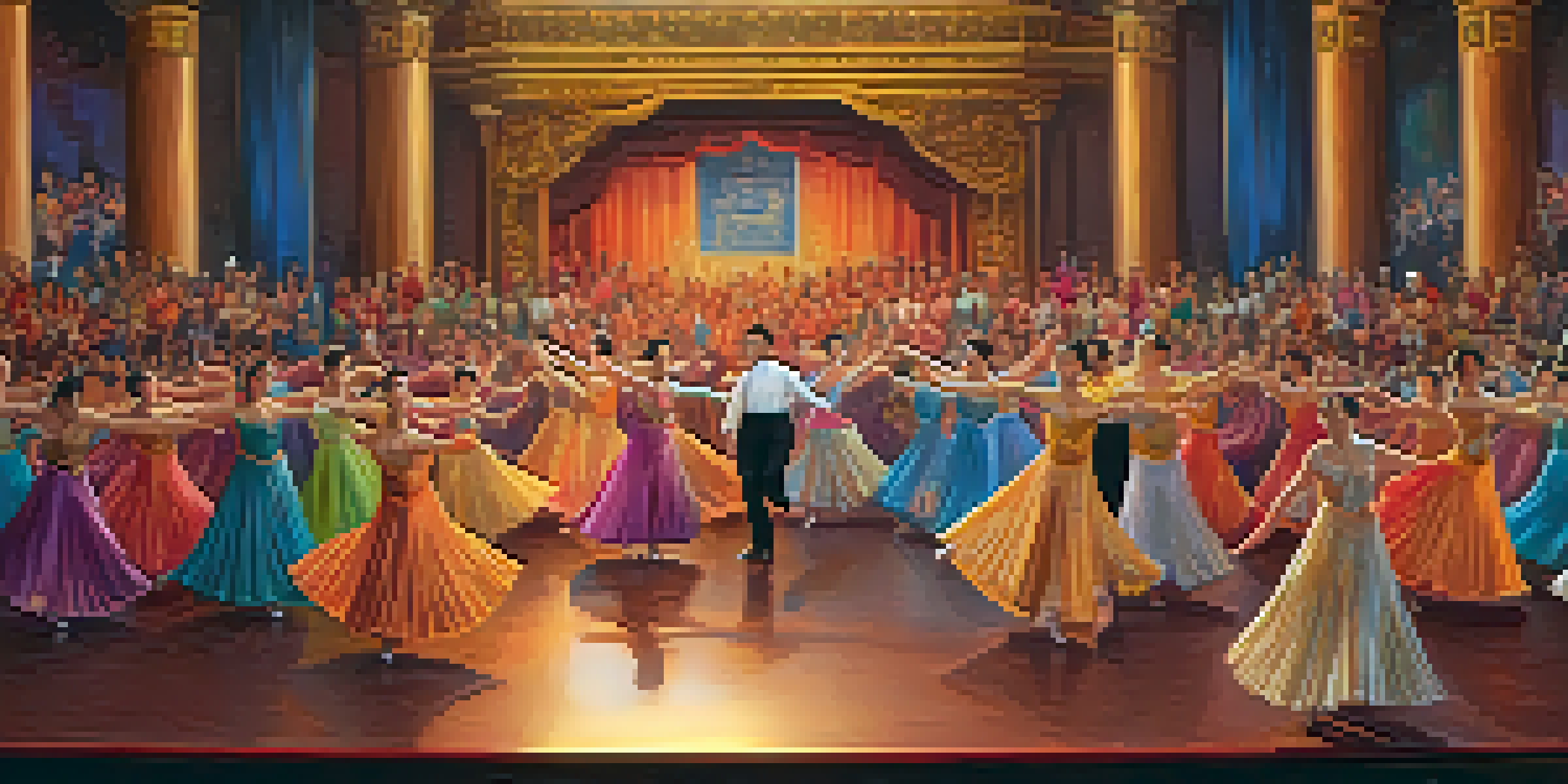 A lively dance performance in a theater, with dancers in colorful costumes and warm stage lighting, captivating the audience.