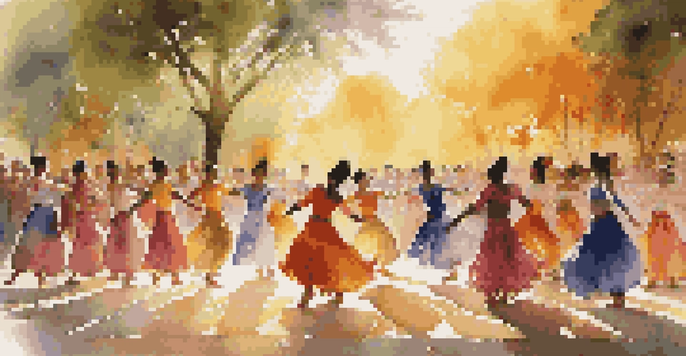 A lively outdoor dance performance featuring diverse dancers in colorful costumes, with sunlight casting shadows and an engaged audience.