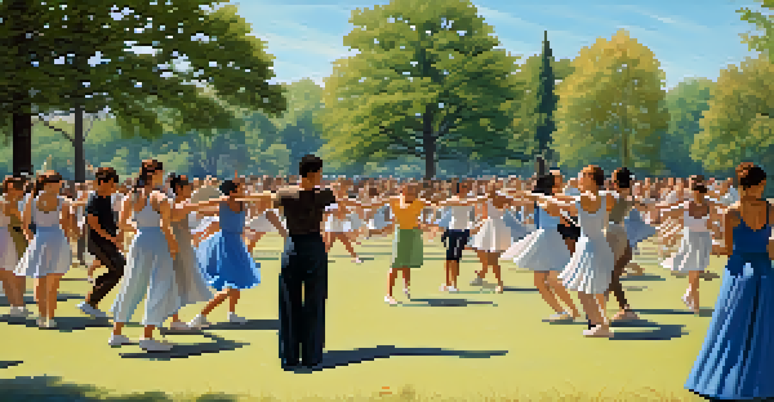 A group of diverse dancers in a park, engaging in a collaborative rehearsal, sharing choreography moves under a clear blue sky.