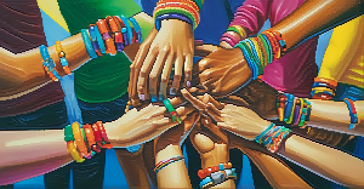 Close-up of hands joining in a dance formation, representing teamwork and collaboration.