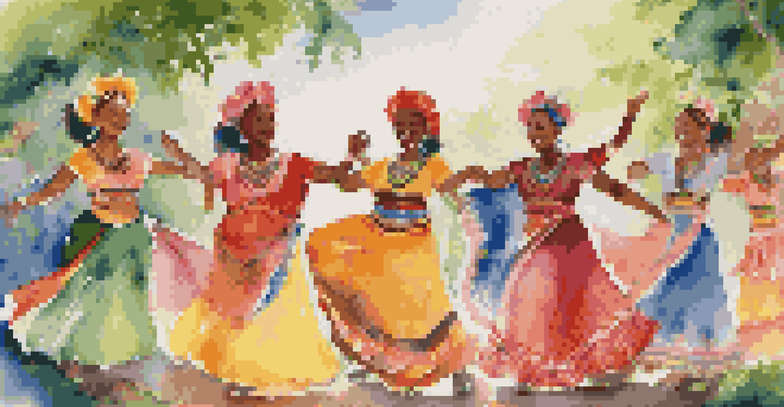 A diverse group of women in colorful costumes performing a traditional dance outdoors amid lush greenery.