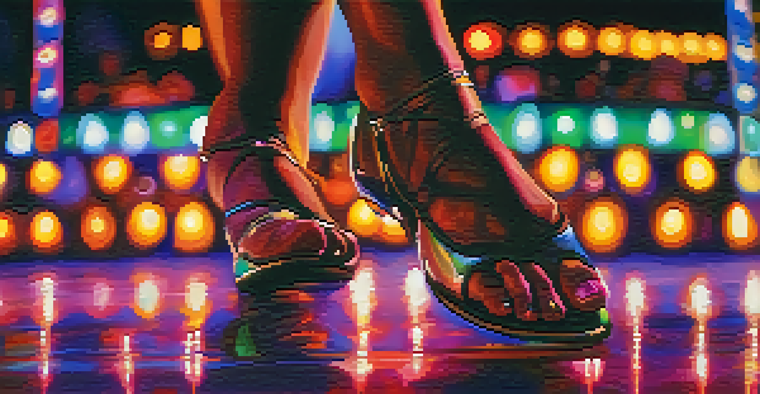A close-up of a dancer's feet on a stage with lighting effects responding to their movements, set against a blurred audience.