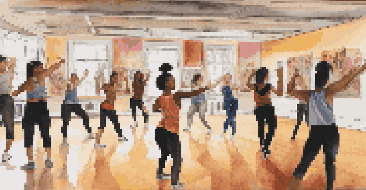 A dance workshop with young people collaborating on choreography in a warmly lit room filled with mirrors and inspirational posters.