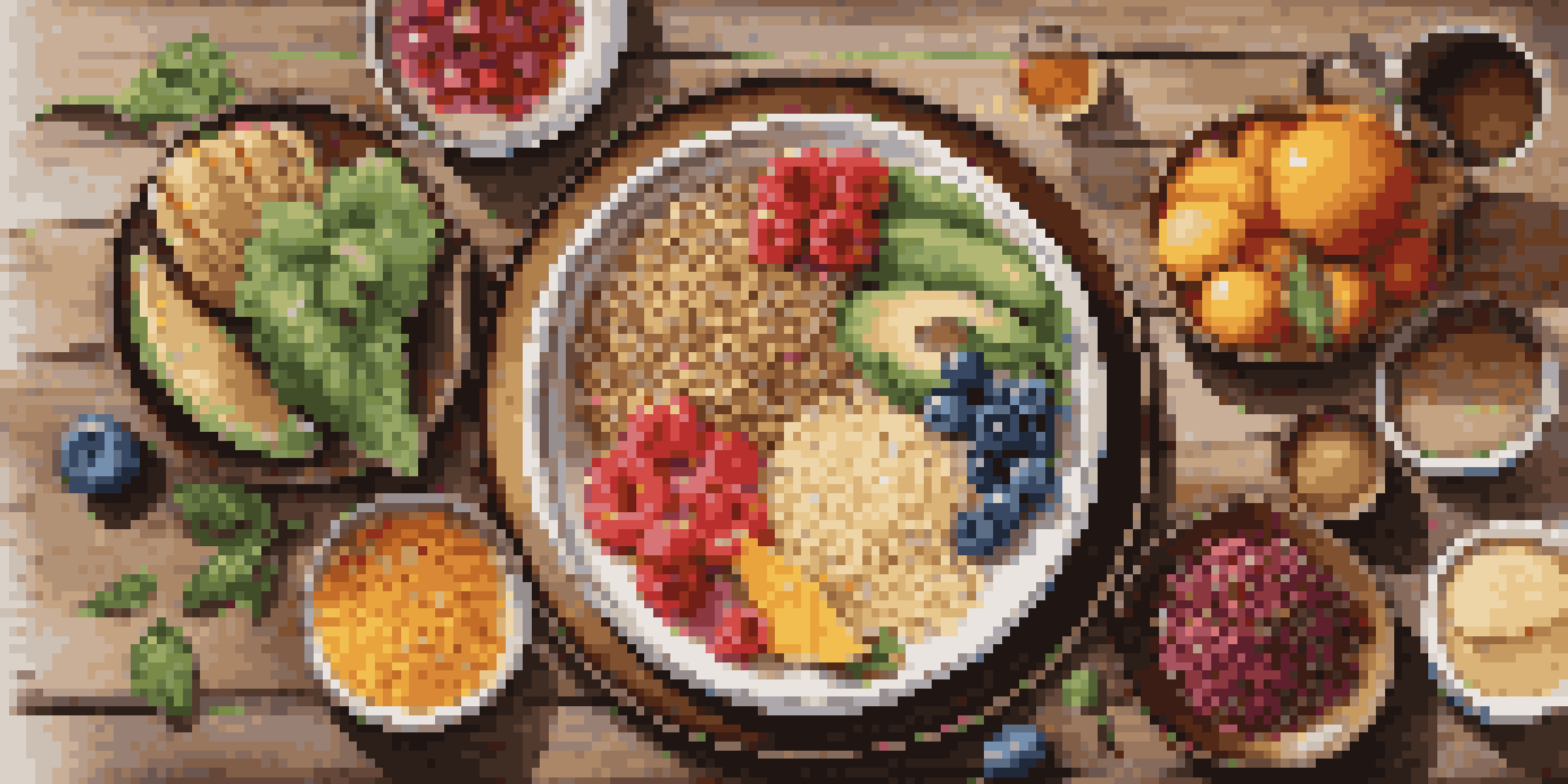 A colorful plate filled with gluten-free foods including fruits, vegetables, and quinoa, displayed on a wooden table with soft natural lighting.
