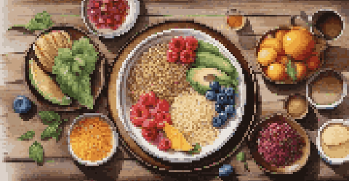 A colorful plate filled with gluten-free foods including fruits, vegetables, and quinoa, displayed on a wooden table with soft natural lighting.