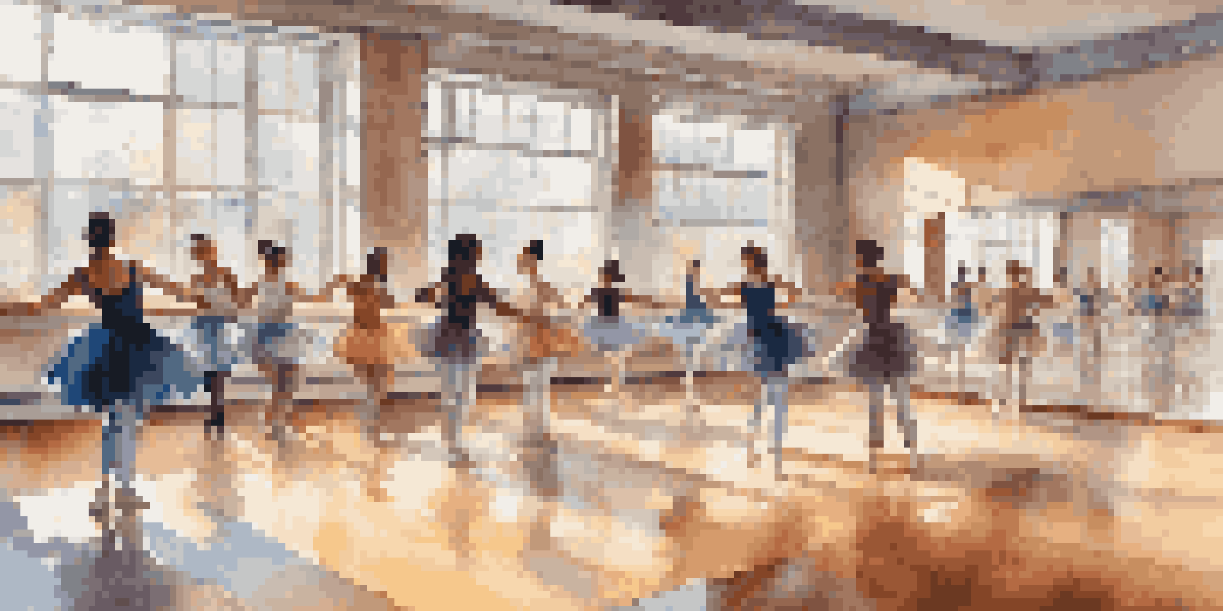 A lively dance studio with diverse students practicing ballet, hip-hop, and contemporary dance under natural light.
