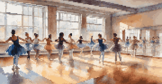 A lively dance studio with diverse students practicing ballet, hip-hop, and contemporary dance under natural light.