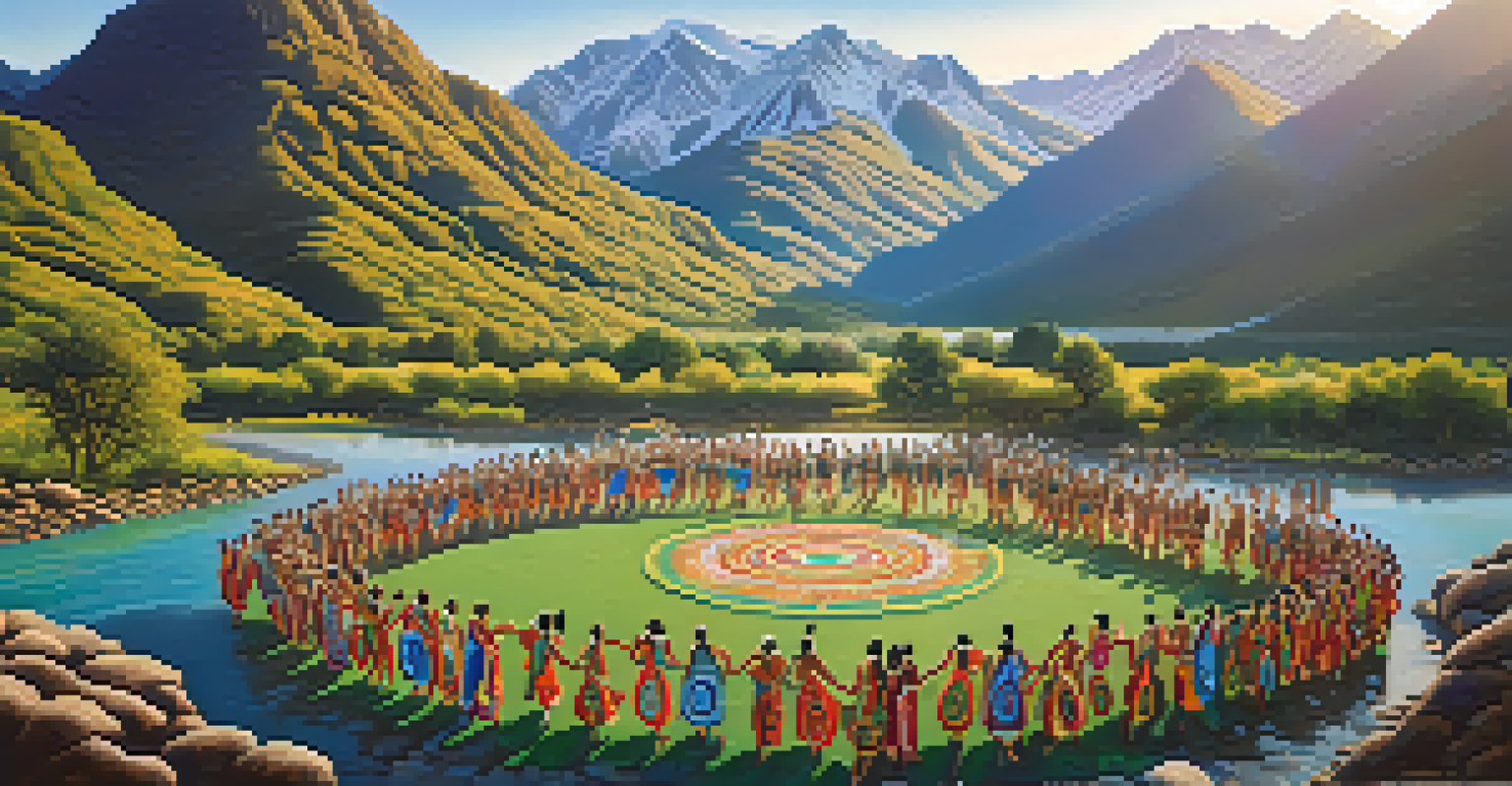 Aerial view of a large group of Indigenous dancers in vibrant costumes performing a dance, surrounded by mountains and a river.