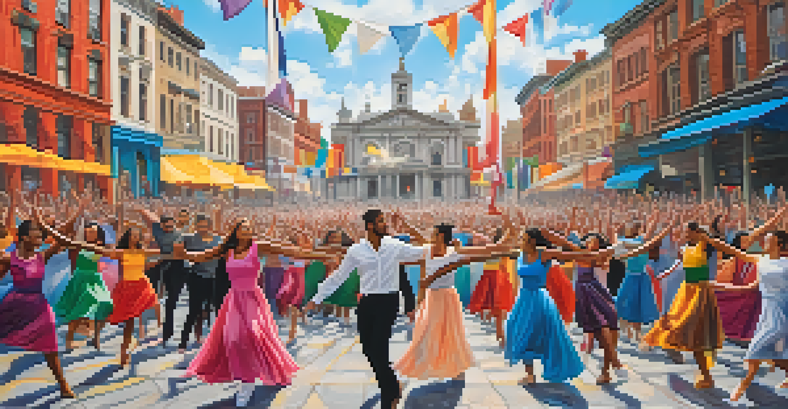 Dancers performing in a city square during a peaceful protest, symbolizing collective liberation and unity, with colorful banners and a cheering crowd.