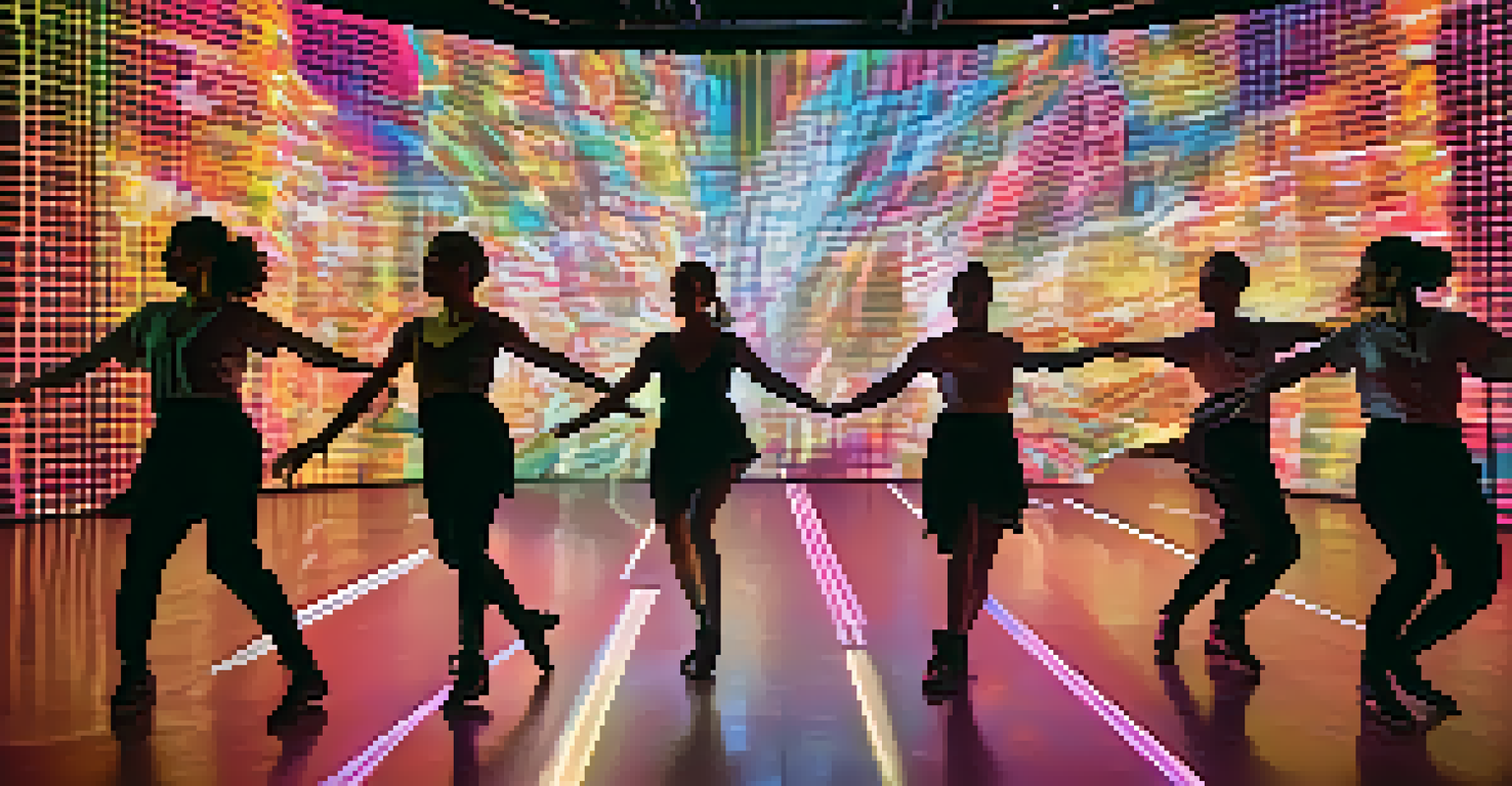 A contemporary dance performance with diverse dancers using technology on stage, surrounded by vibrant projection mapping visuals.