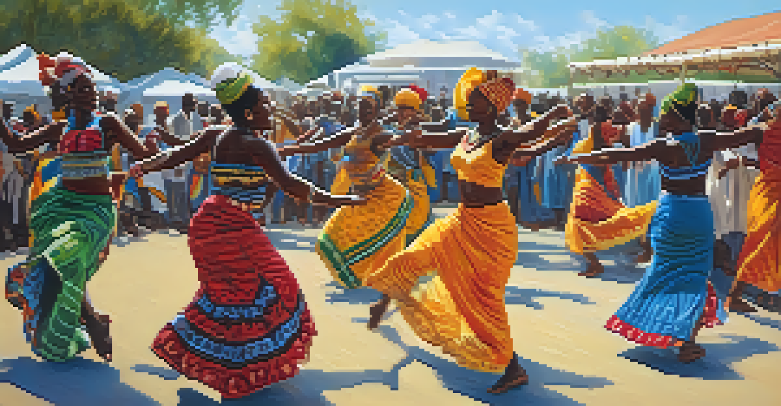 A colorful African dance performance at a festival with dancers in vibrant costumes and an engaged audience.