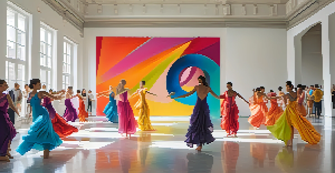 A colorful art installation with dancers in flowing costumes interacting with abstract sculptures in a bright gallery, illuminated by natural light.