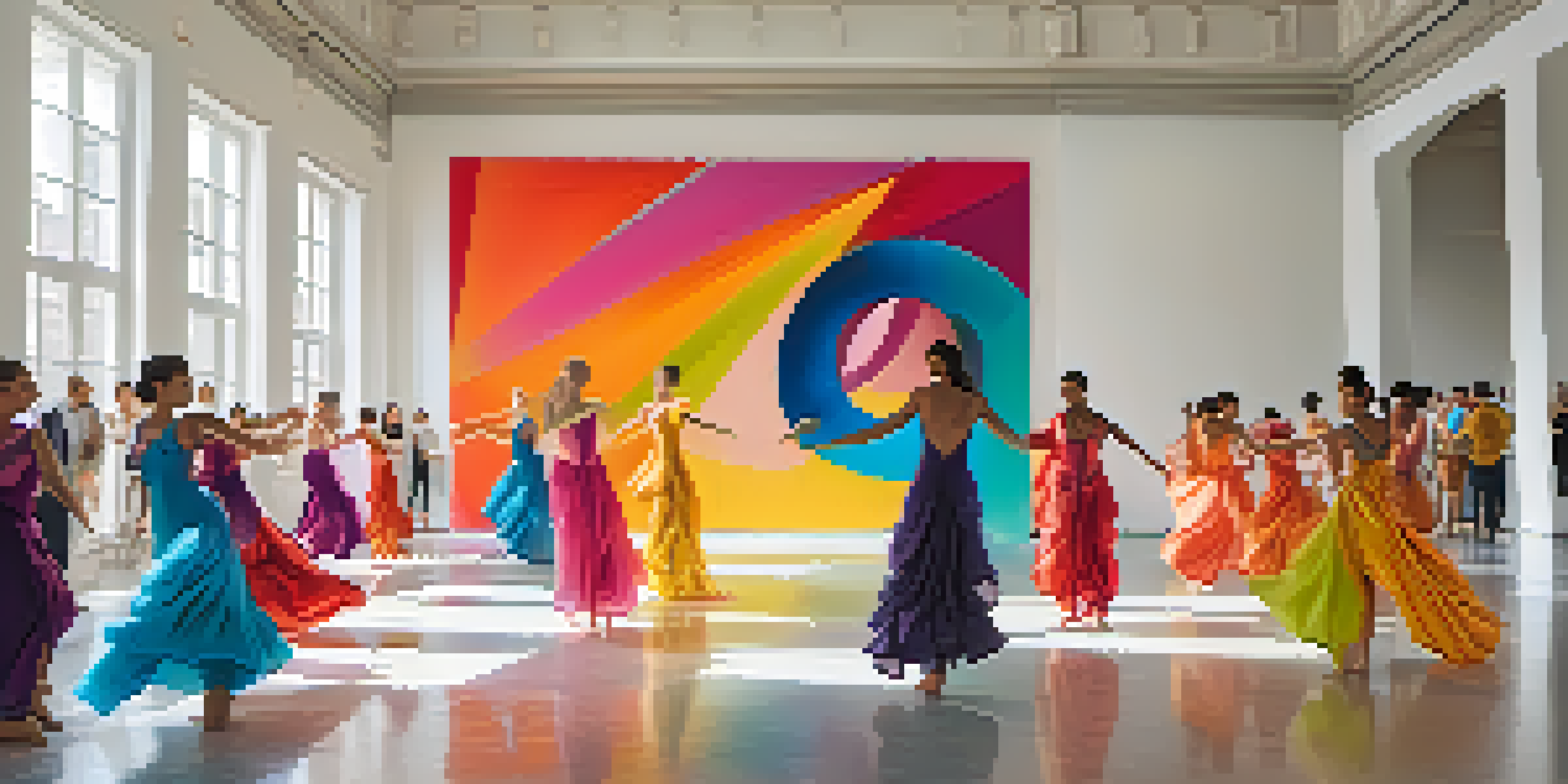 A colorful art installation with dancers in flowing costumes interacting with abstract sculptures in a bright gallery, illuminated by natural light.