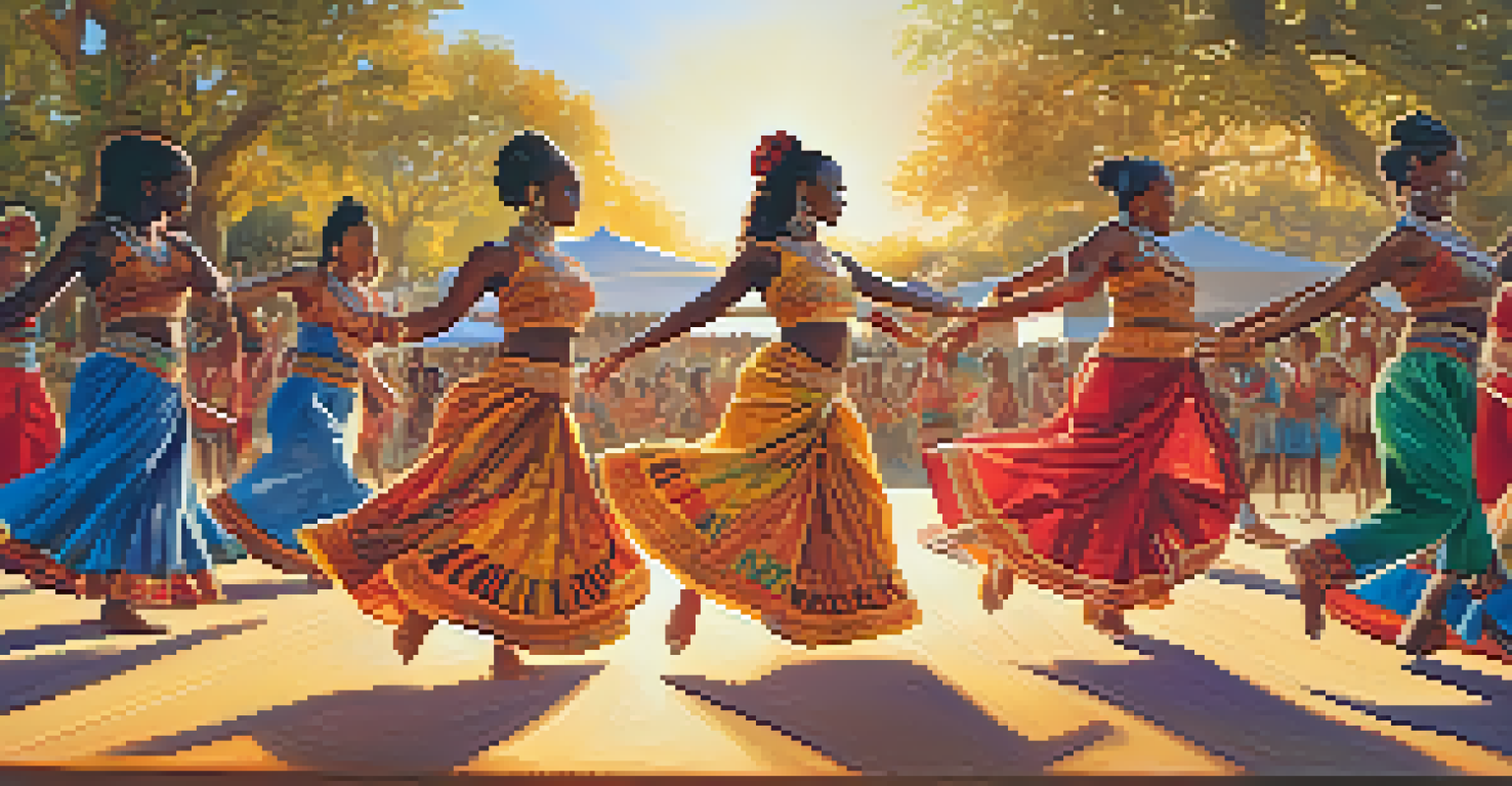 Dancers from various cultures performing a fusion dance outdoors, wearing colorful costumes against a sunset backdrop.