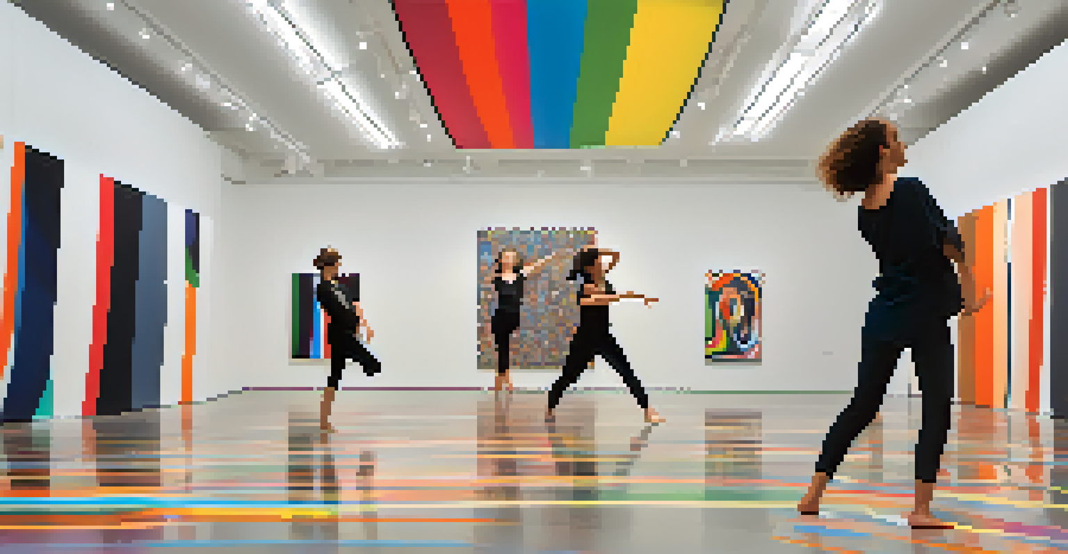 A modern art gallery showcasing dancers performing amidst abstract art installations, emphasizing movement and interaction.