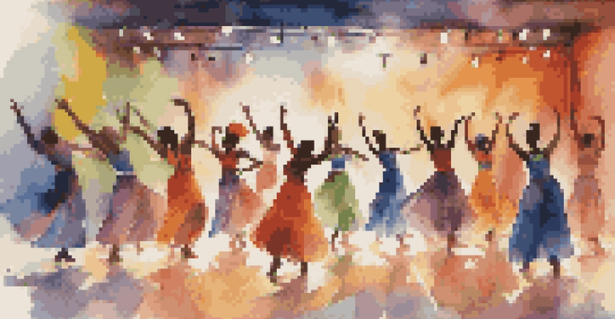 A lively dance performance on stage with diverse dancers in colorful costumes, showcasing a blend of dance styles under warm lighting.
