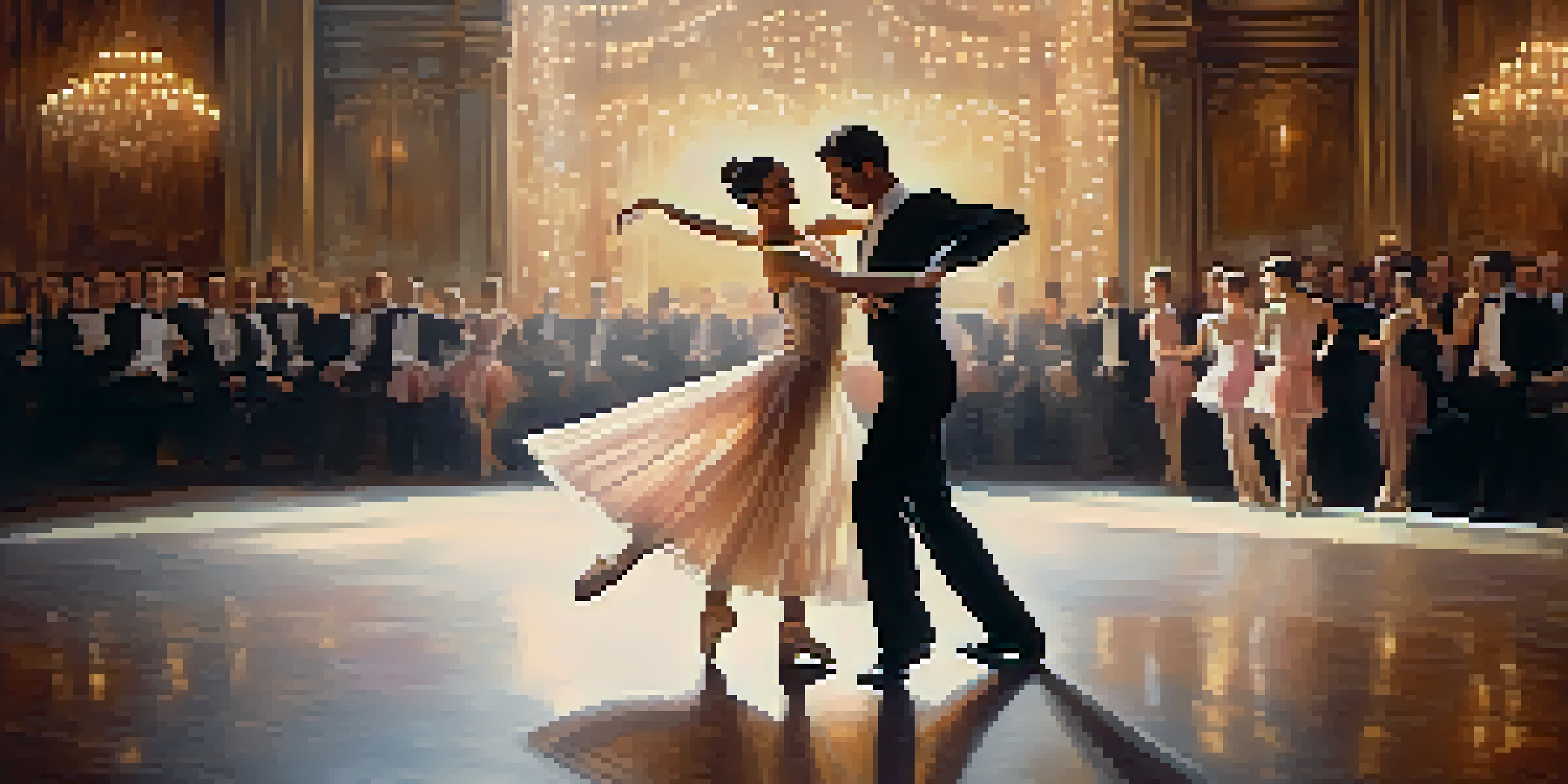 A male and female ballet duo performing on stage with synchronized movements, wearing elegant costumes and soft lighting.