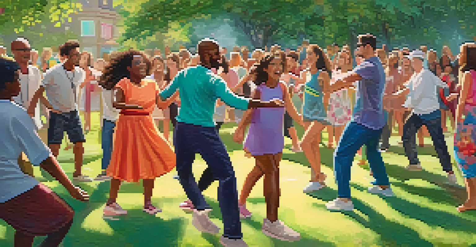A lively outdoor dance therapy session in a park with people dancing joyfully together.