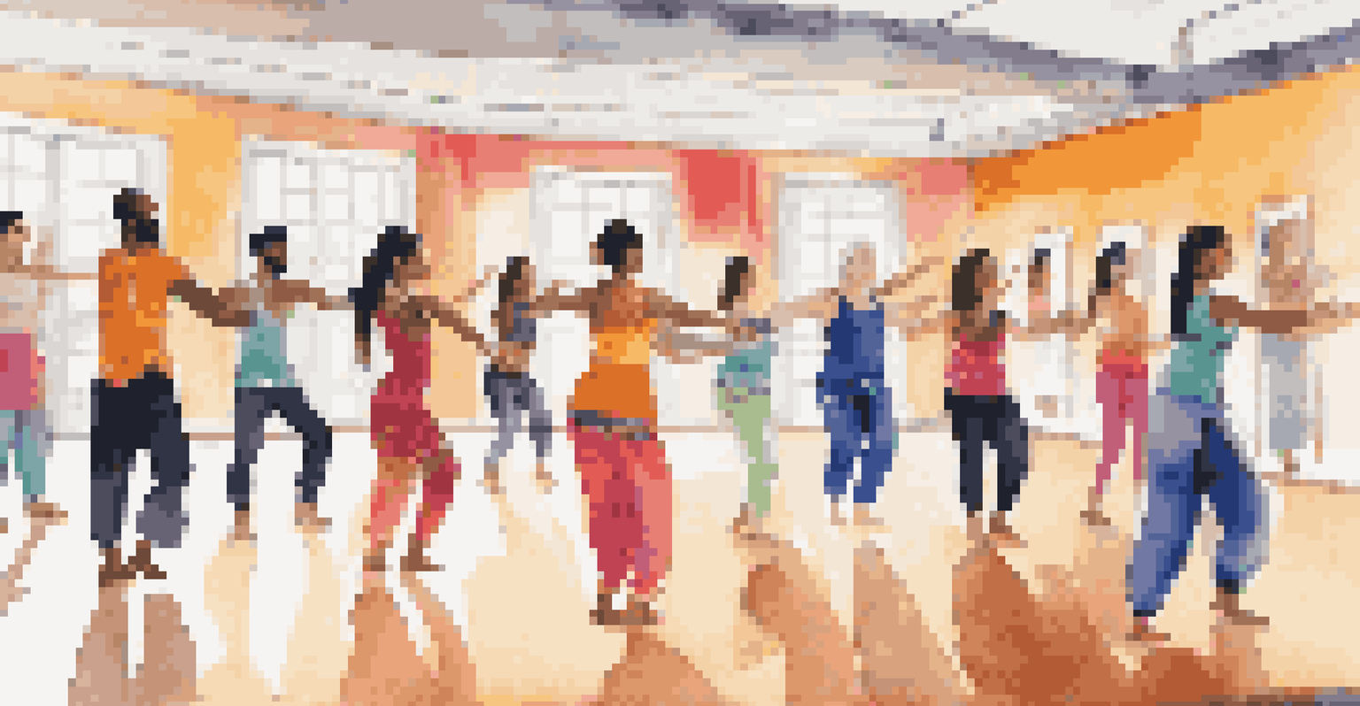 A group of diverse individuals enjoying a Bollywood dance class in a colorful studio setting with mirrors.