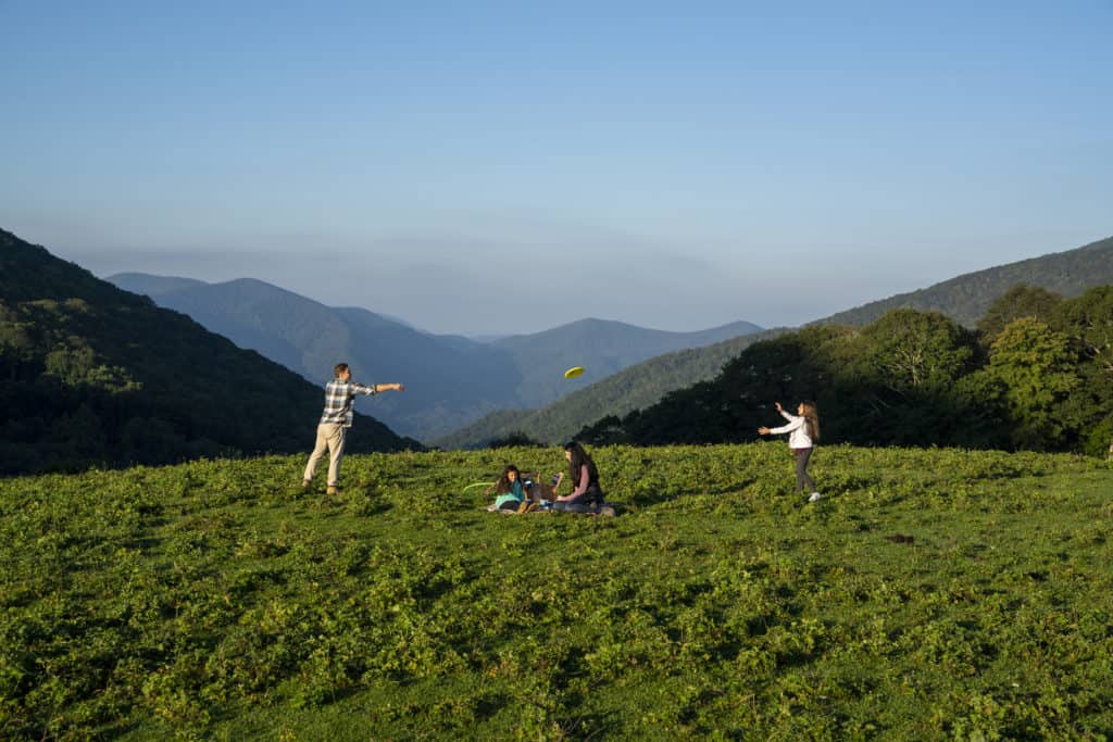 A young family having a picnic atop Cataloochee Meadow.