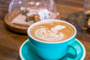 An image of a warm cup of coffee from Orchard Coffee on Valentine's Day.