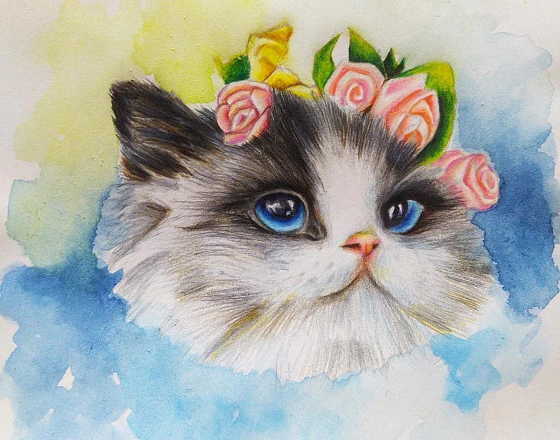 A fluffy blue-eyed cat wearing a crown of pink roses