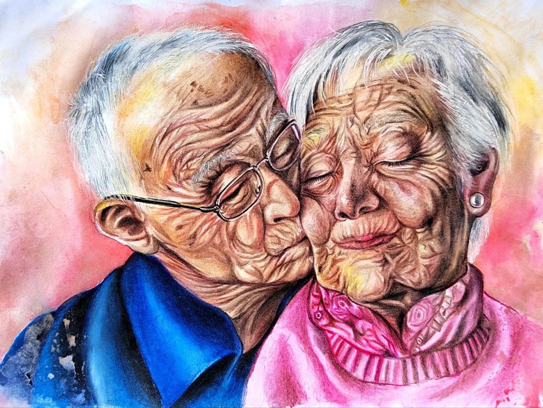 An elderly couple sharing a tender kiss in a warm watercolour portrait