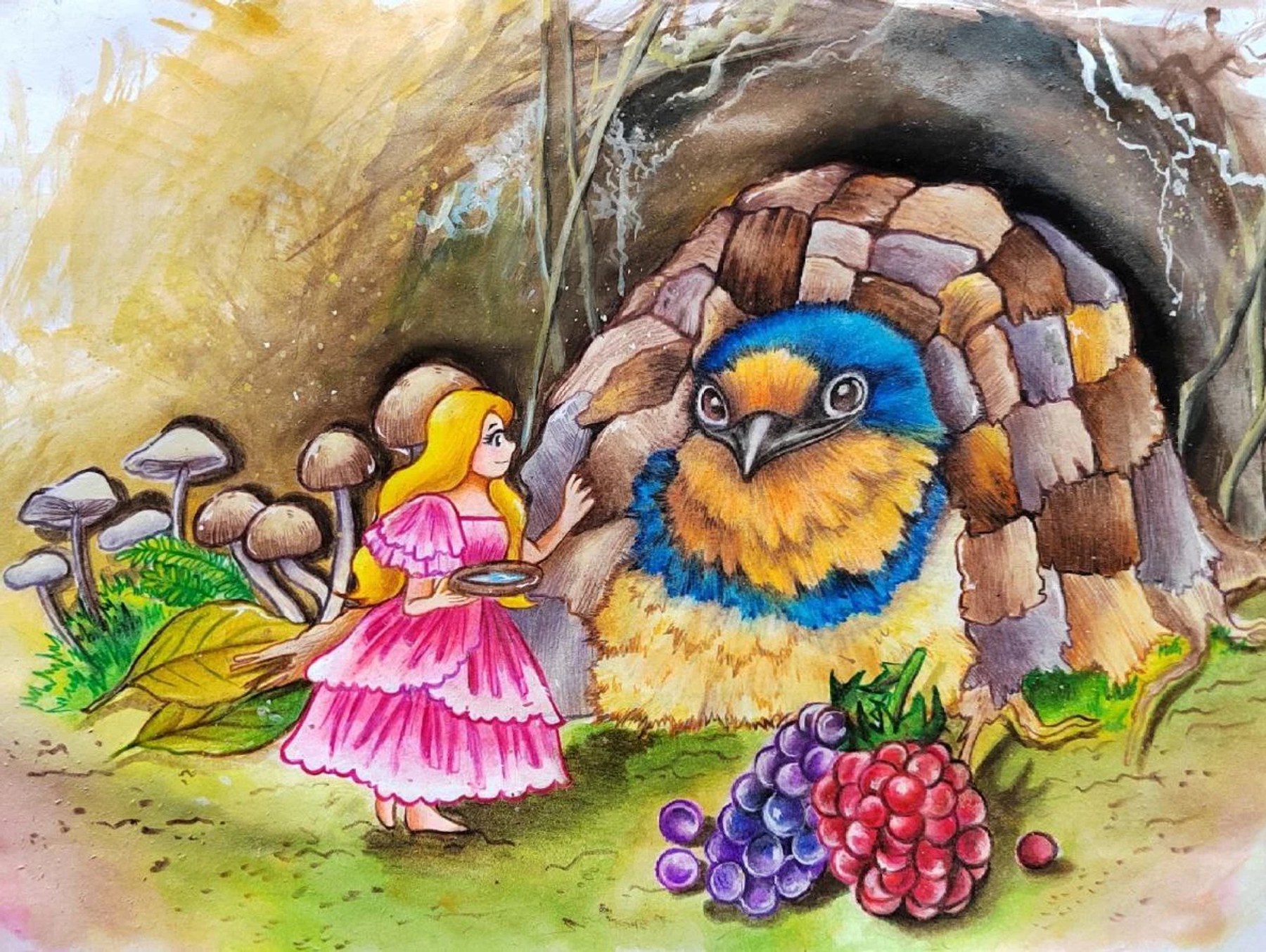 A girl in a pink dress meeting a round feathered creature beside a stone shelter