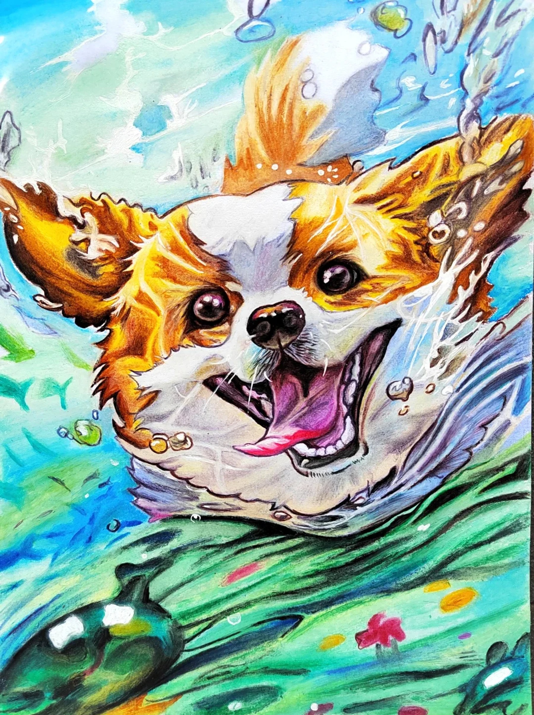 Expressive corgi painted in watercolour