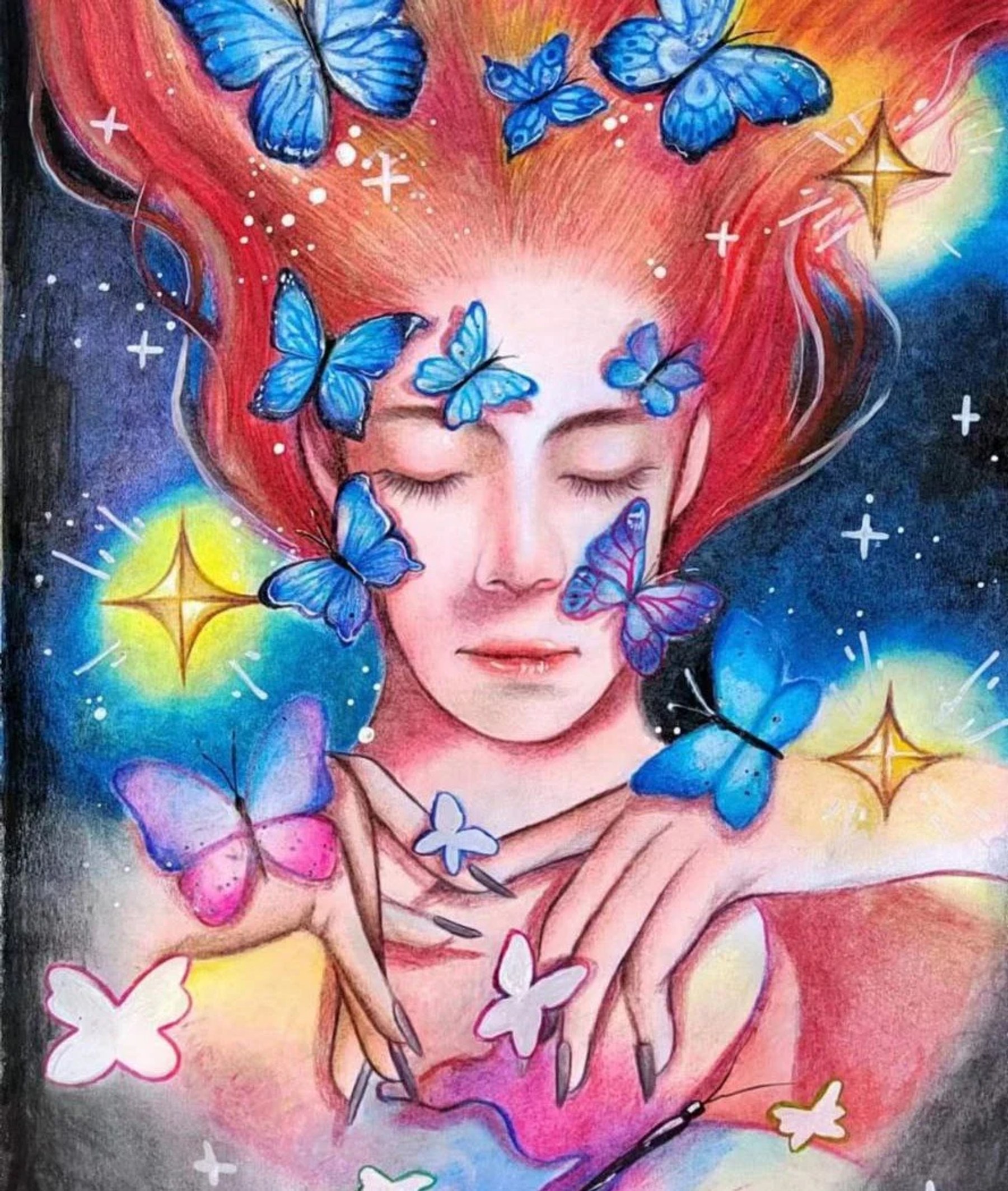 A red-haired figure resting beneath glowing blue butterflies