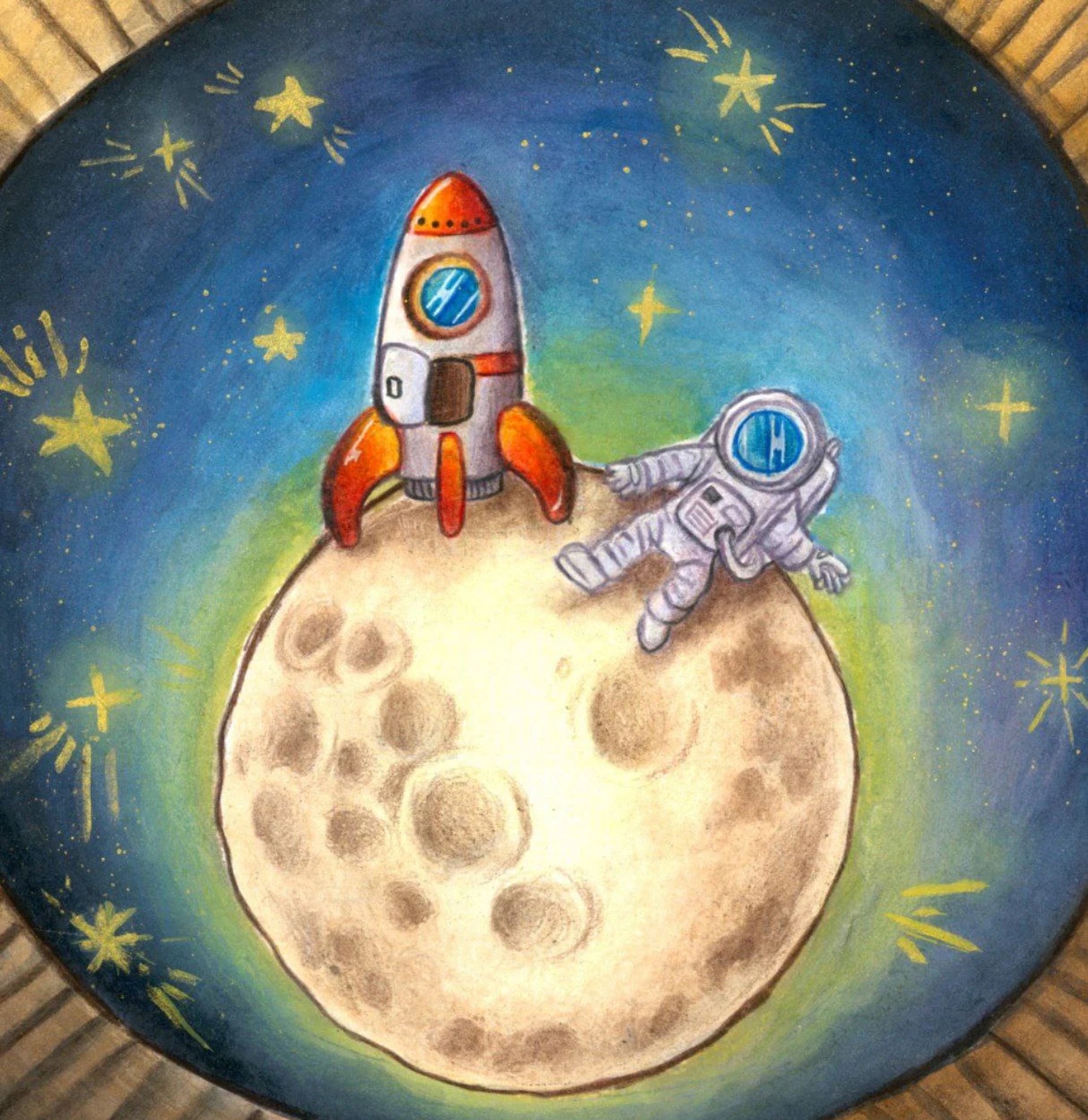 Rocket and astronaut resting on a painted moon