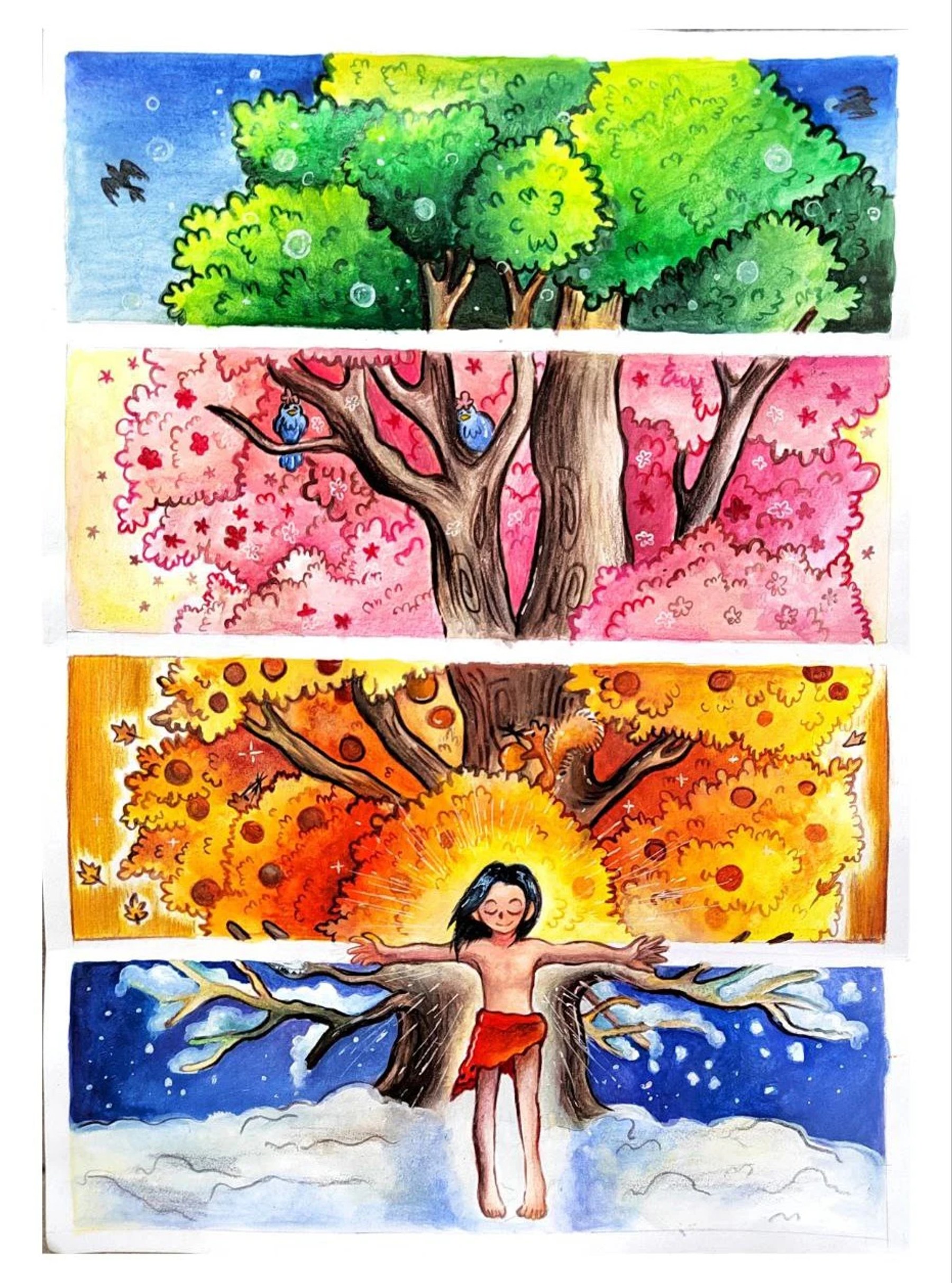 Four stacked tree scenes moving from green spring to blue winter