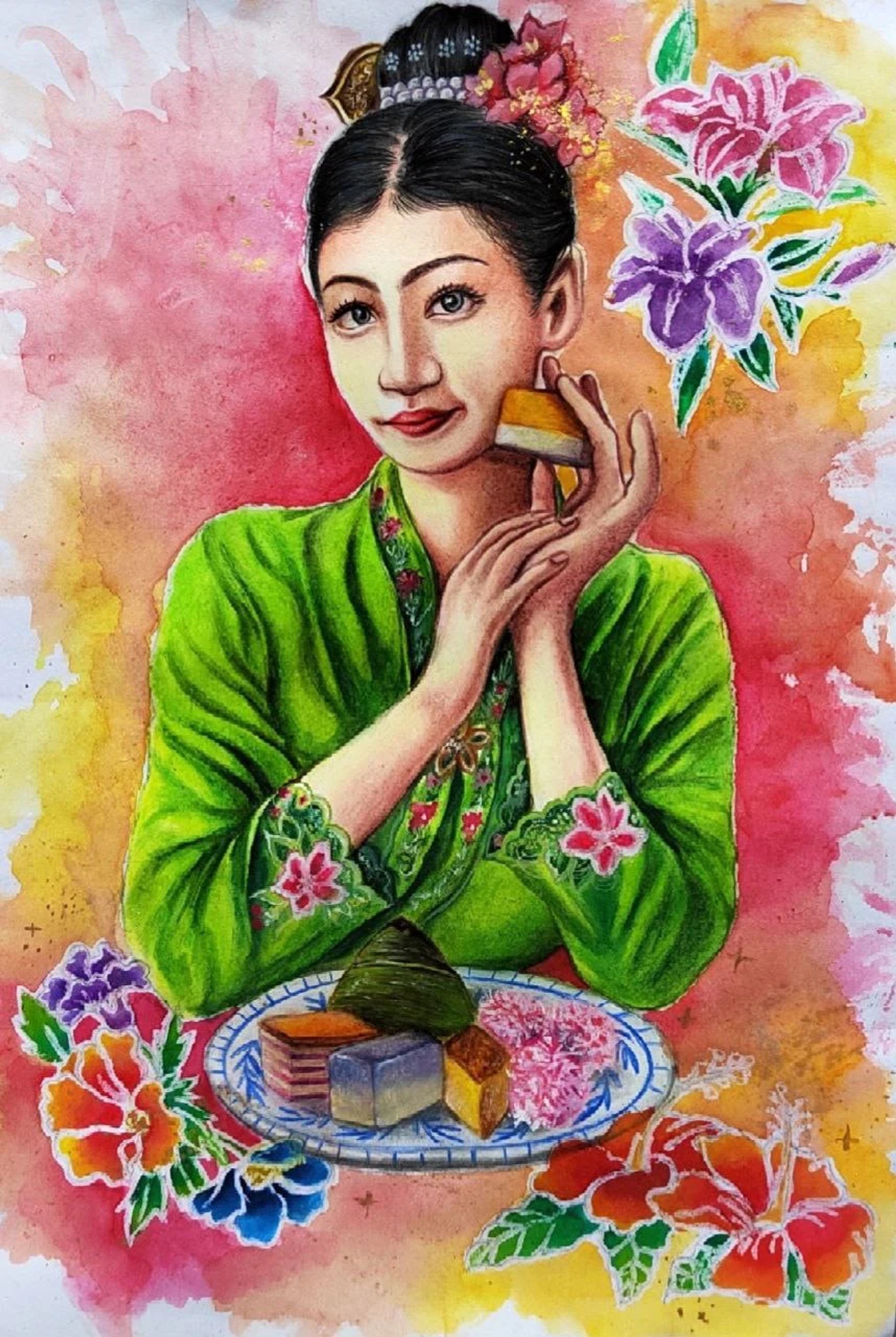 A woman in a green Nyonya kebaya framed by tropical flowers