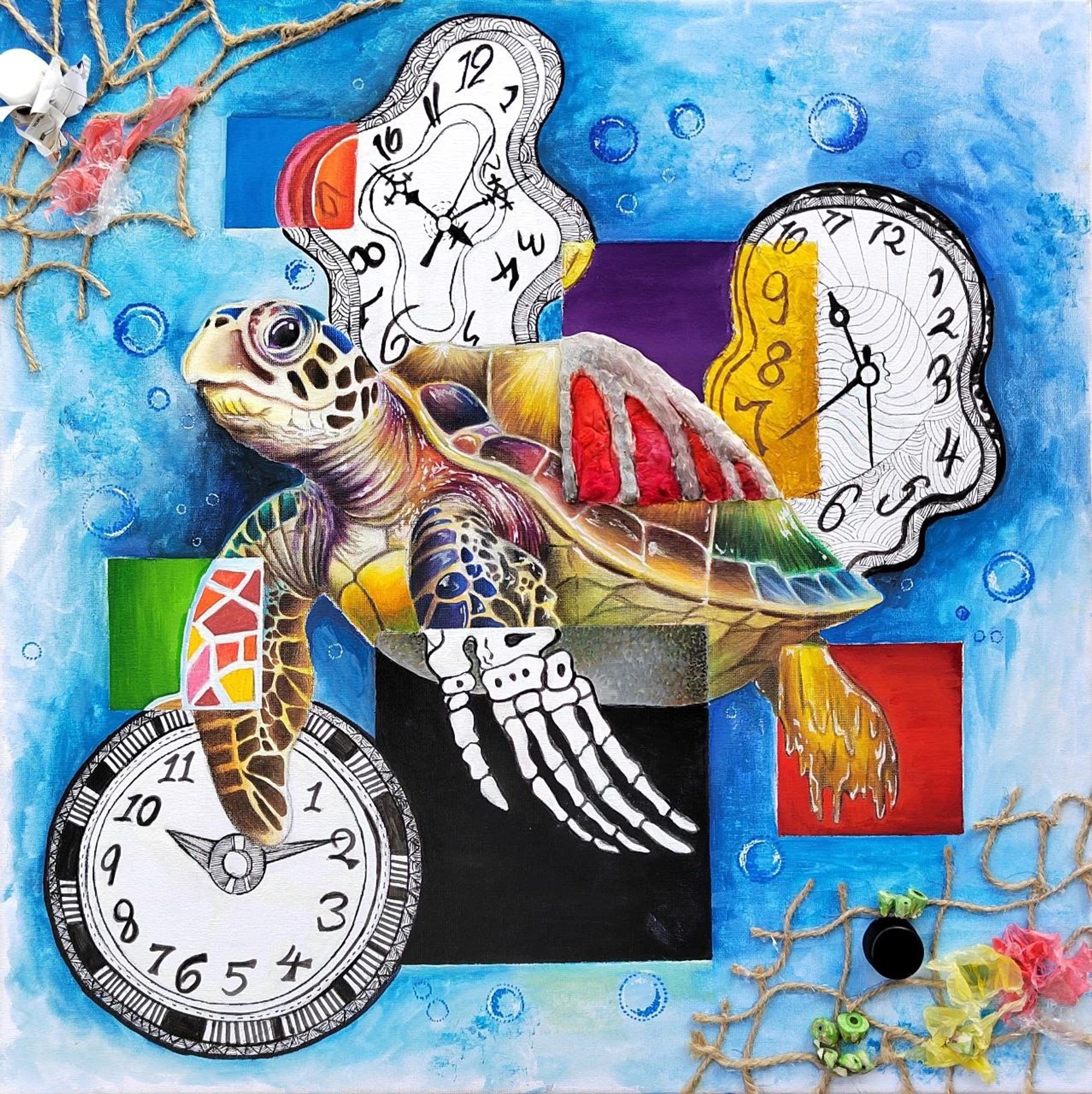 A surreal arrangement of melting clocks, a camera and keepsakes