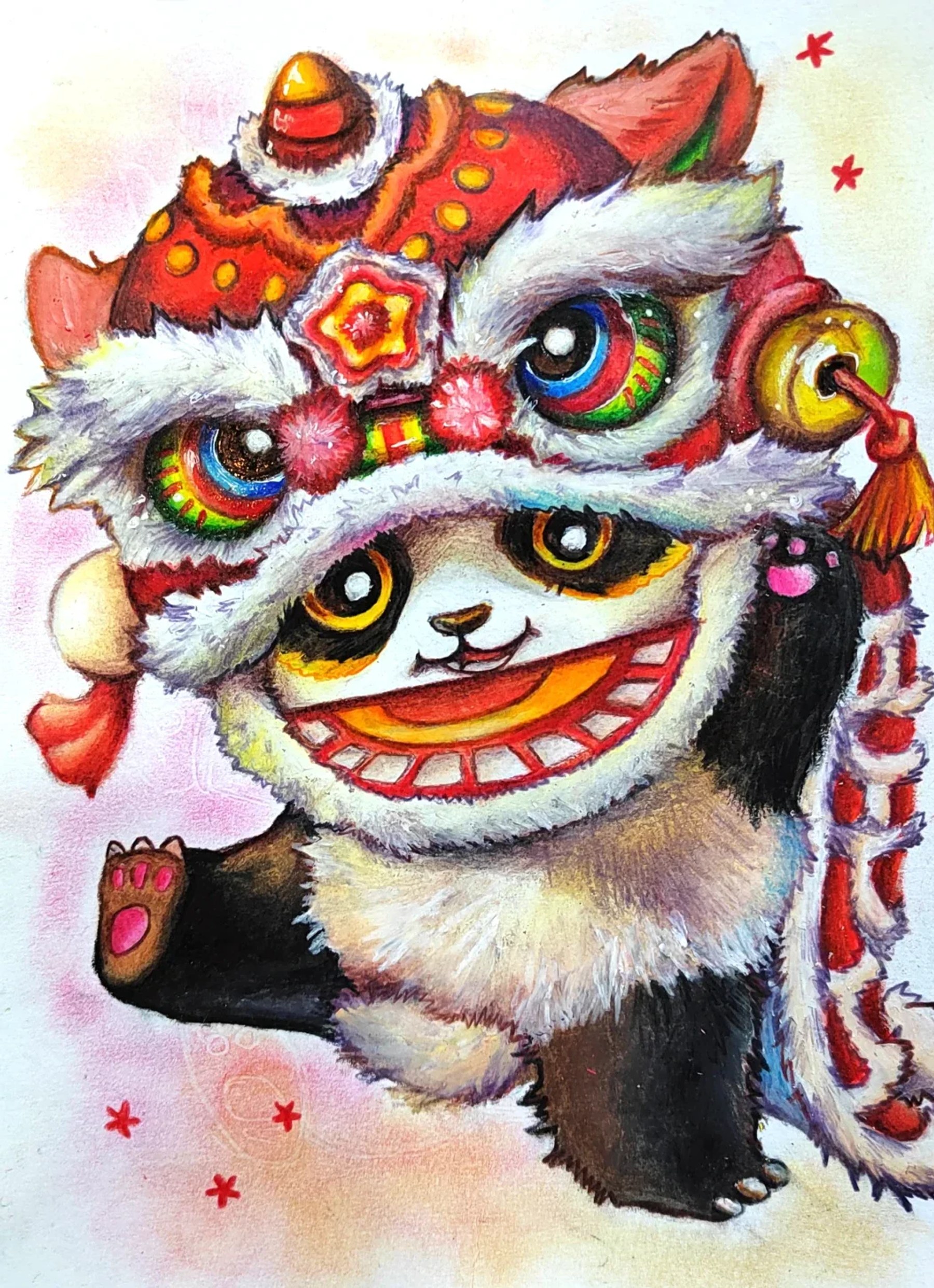 A panda wearing a bright traditional lion-dance costume