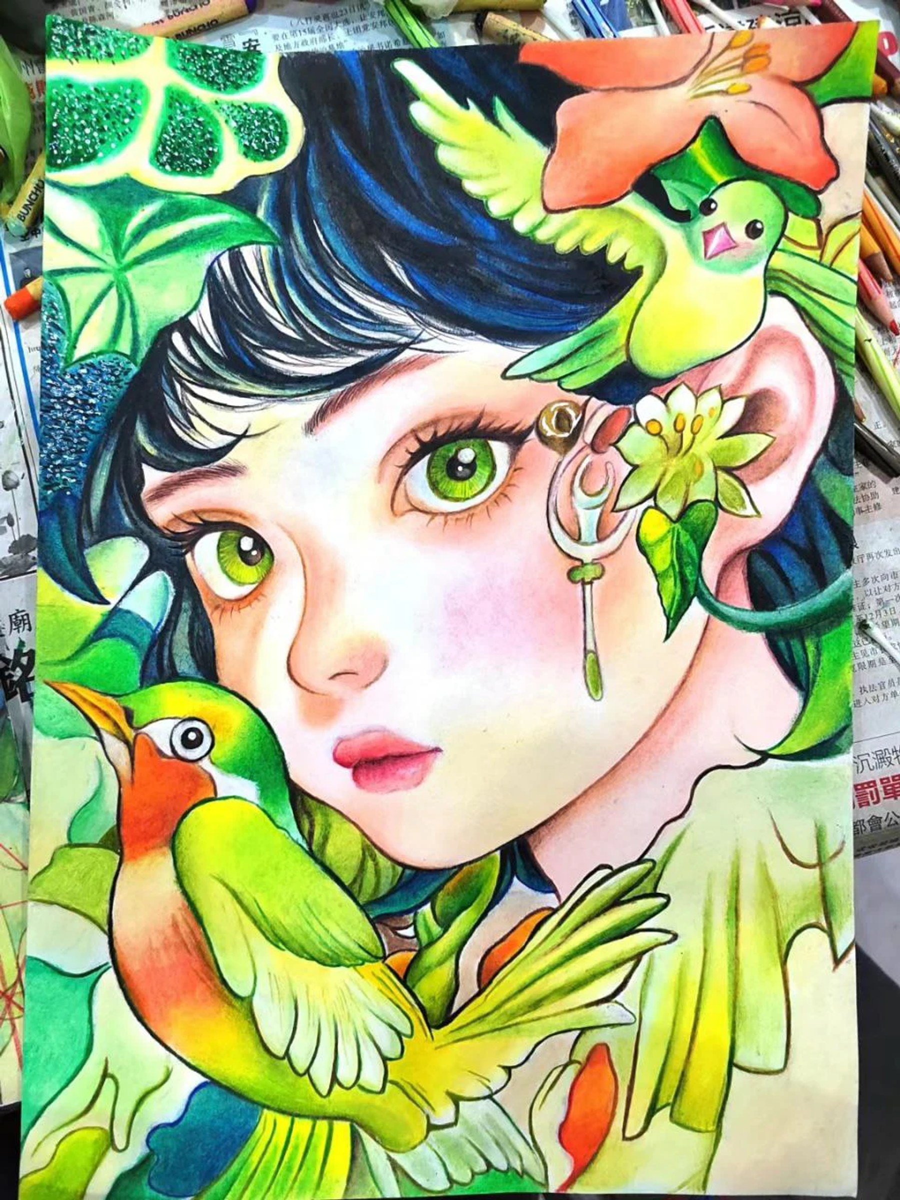 A young woman surrounded by a parrot, snake and green leaves