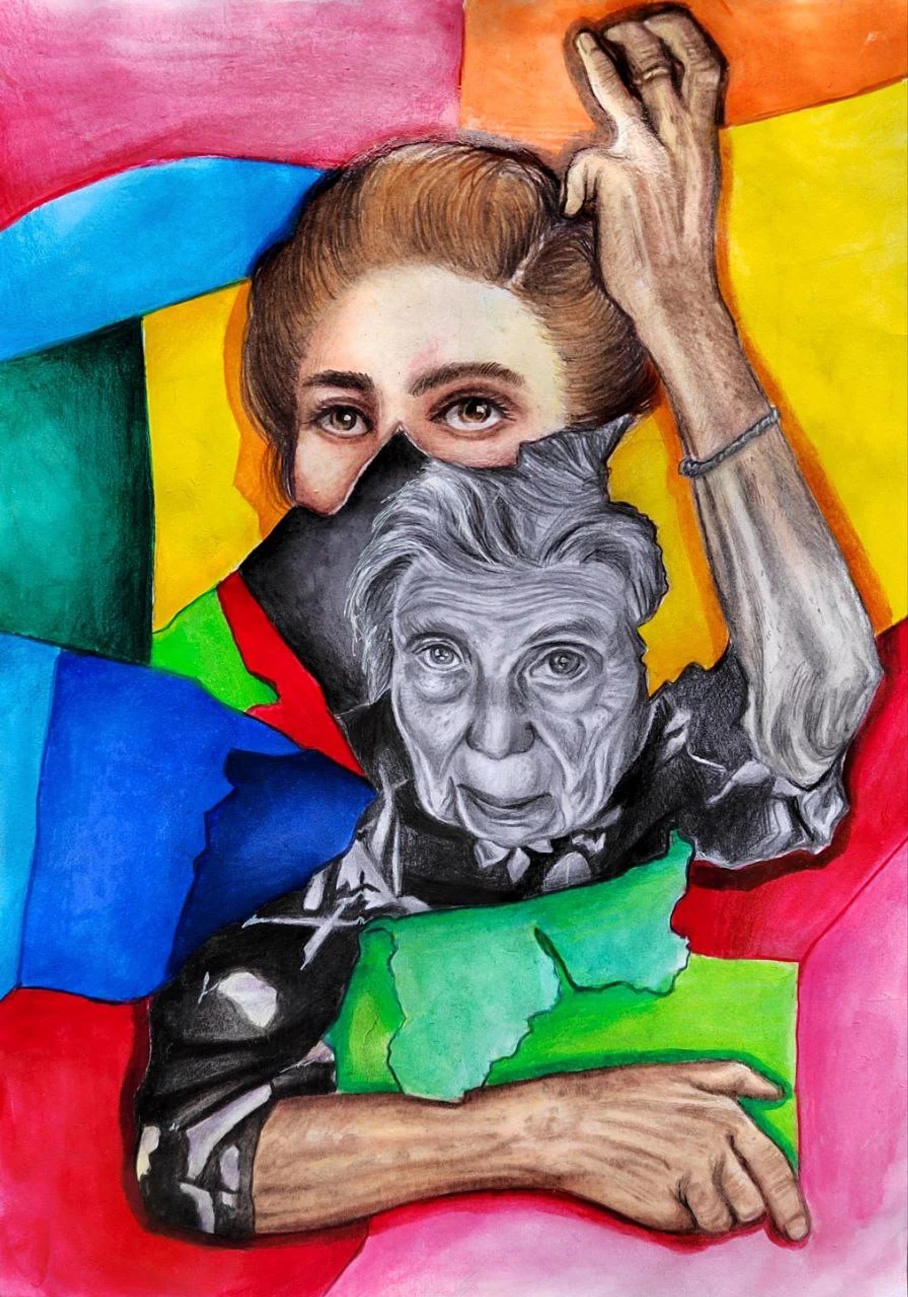 A colourful portrait joining a young woman with a monochrome elderly face