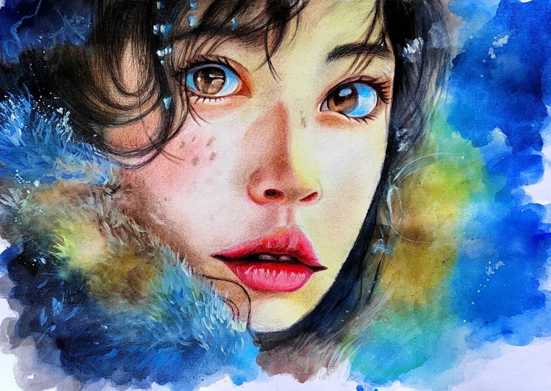 A close portrait of a young woman emerging through blue watercolour blooms