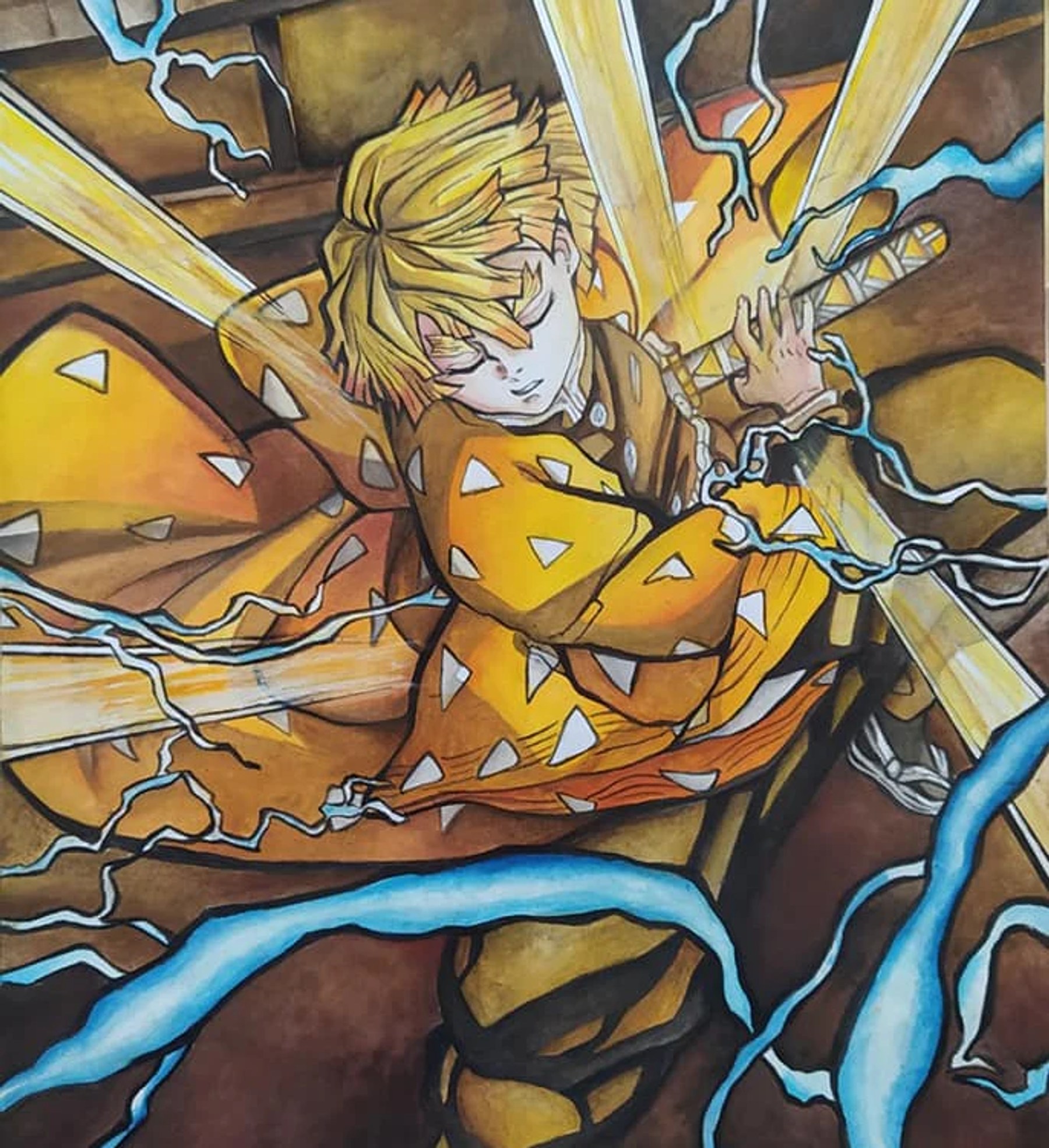 An energetic golden-haired swordsman surrounded by angular lightning