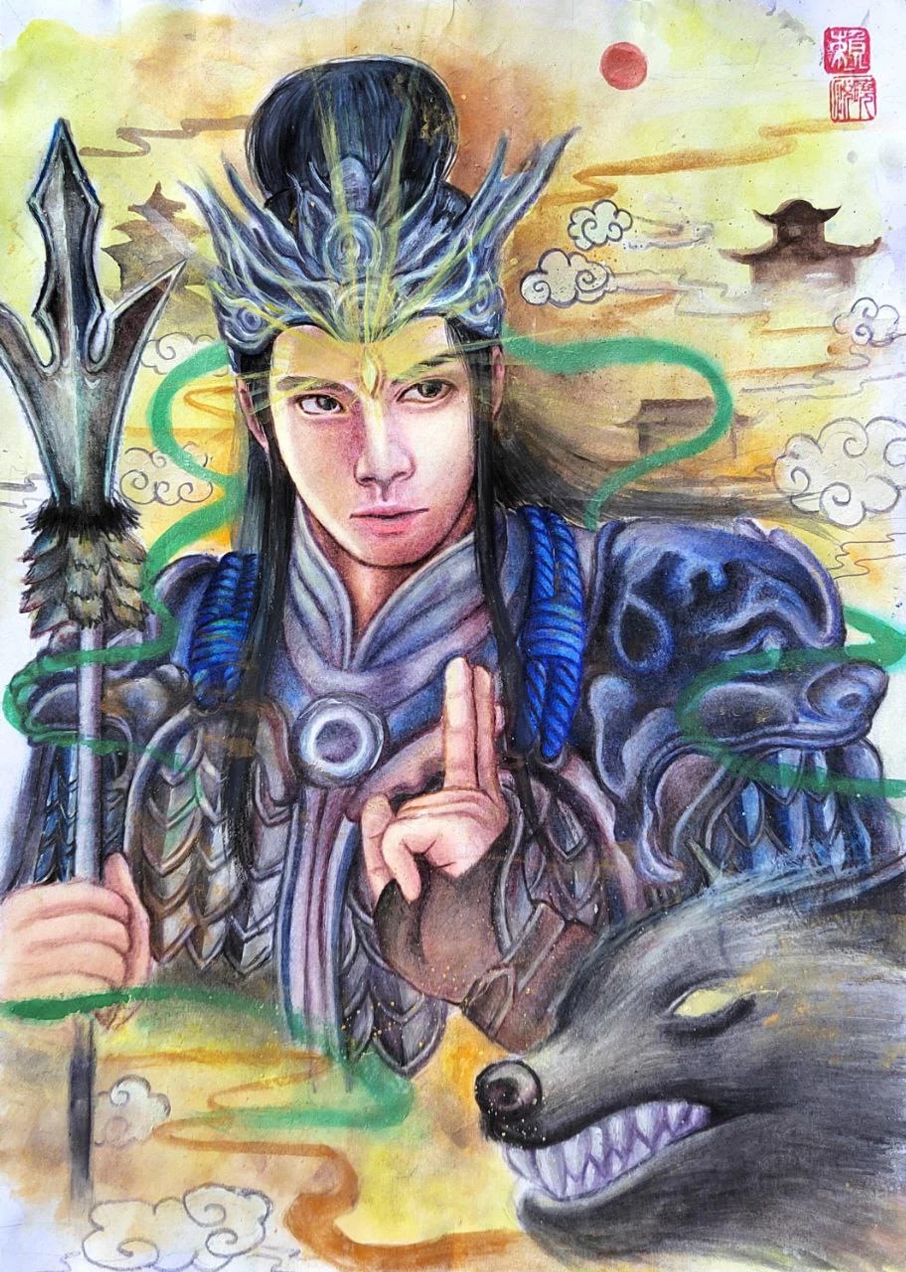 A fantasy warrior in an ornate horned helmet beside a wolf