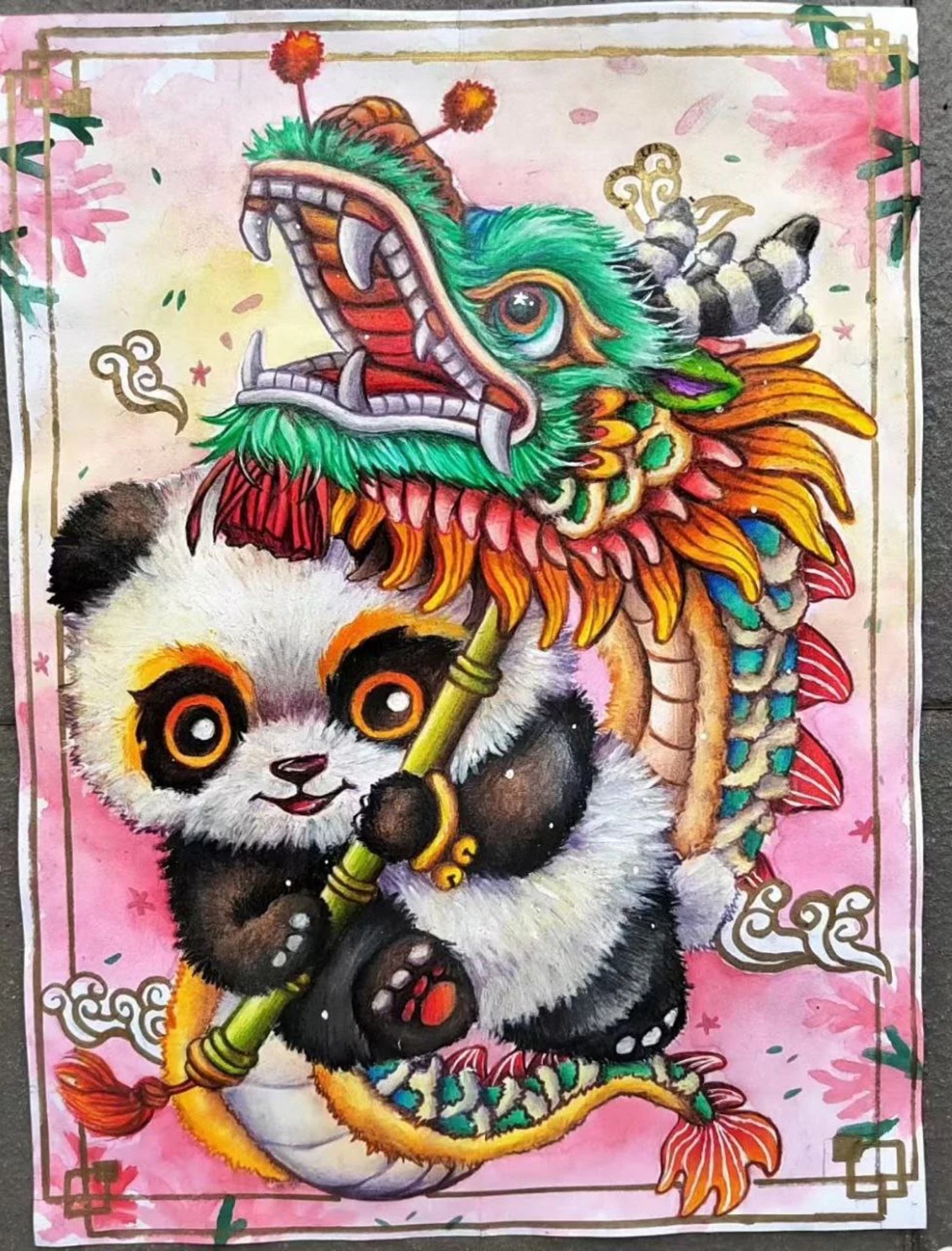 A panda celebrating beneath a colourful Chinese dragon