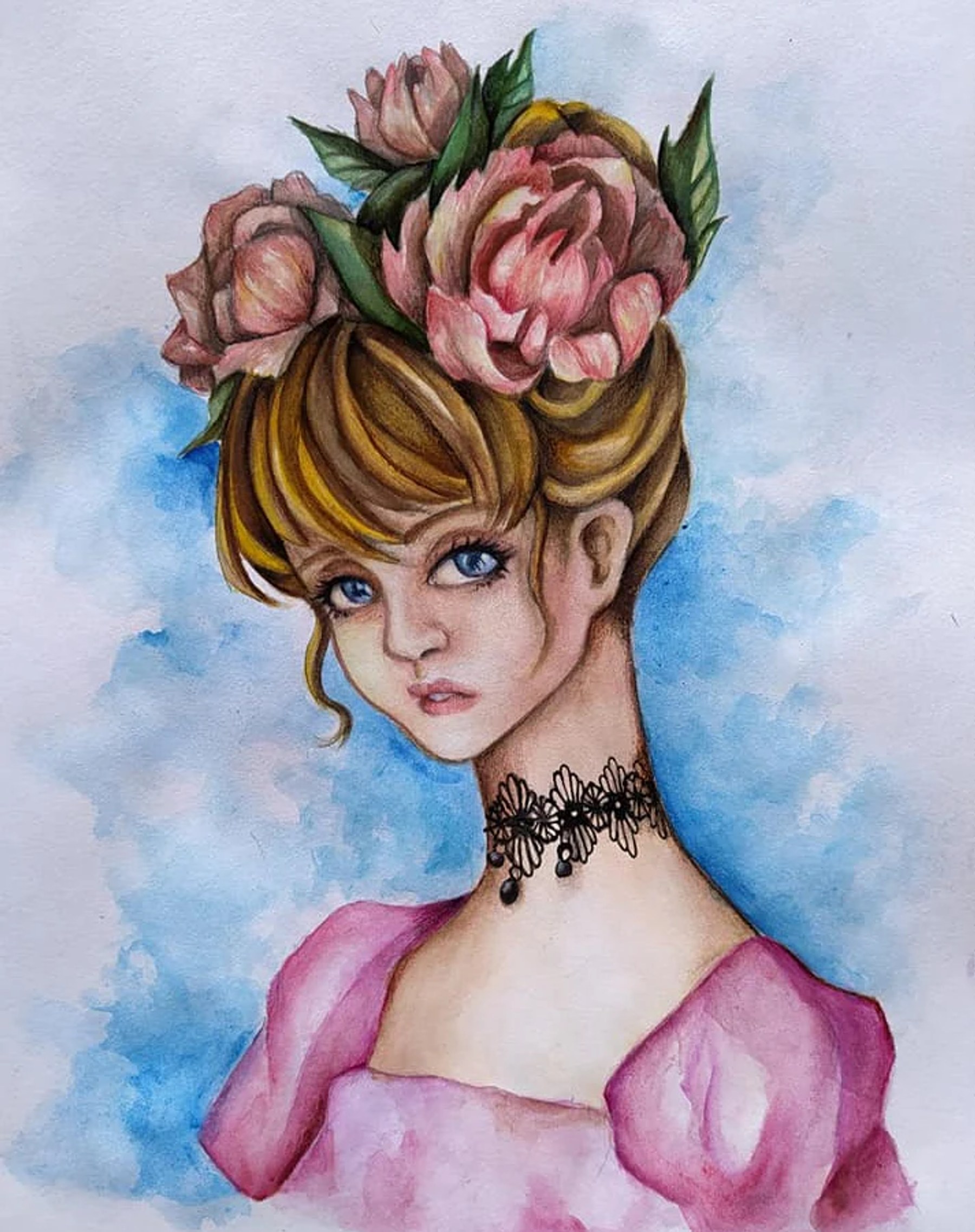 A stylised young woman wearing roses and a dark lace collar