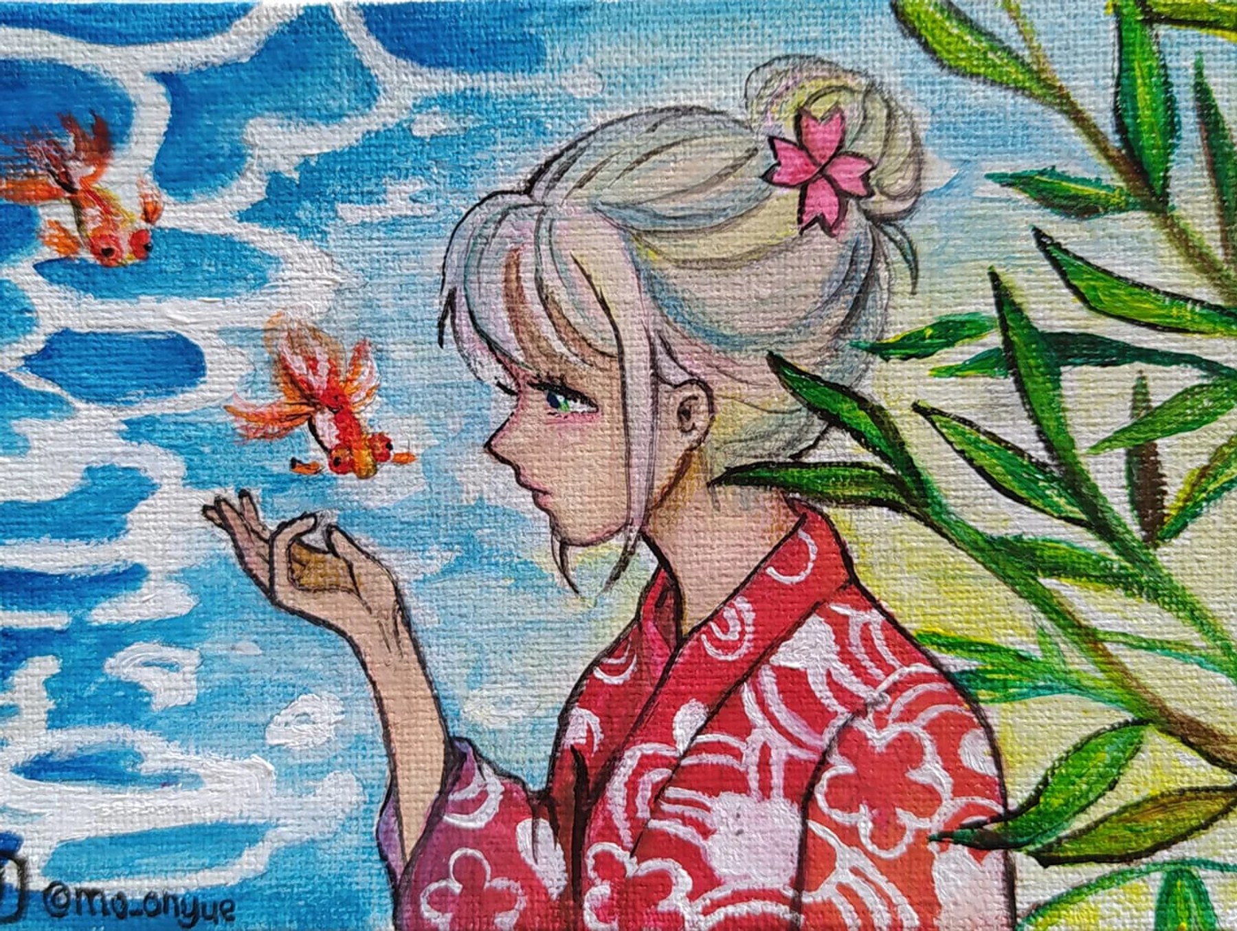 A silver-haired figure in a red kimono holding a butterfly by the sea